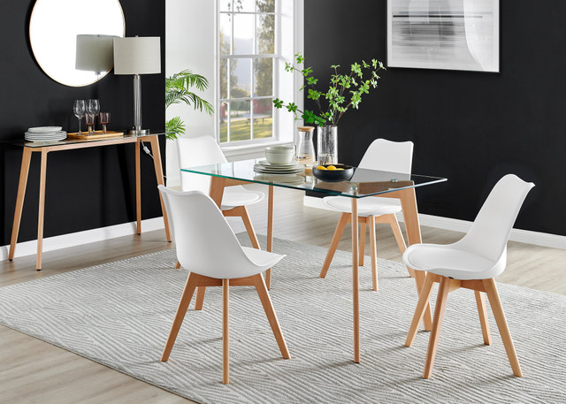 Scandi inspired rectangular glaass dining table and 4 white faux leather dining chairs all with pale wooden legs