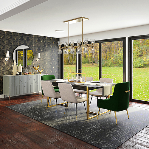 image shows a modern take on a traditional dining area, with a dining table and chairs on a dark rug, with a modern chandelier hanging above. Patterned luxe wallpaper and gold accents make this room look opulent.