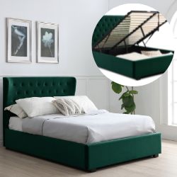 green velvet ottoman double bed with gentle wingback and button-tufting, with grey linens in white room with pot plant, and insert of bed frame lifted to reveal storage space beneath. 