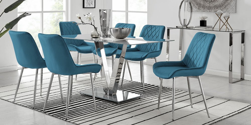 Florini Dining Table with 6 Pesaro Dining Chairs in Teal