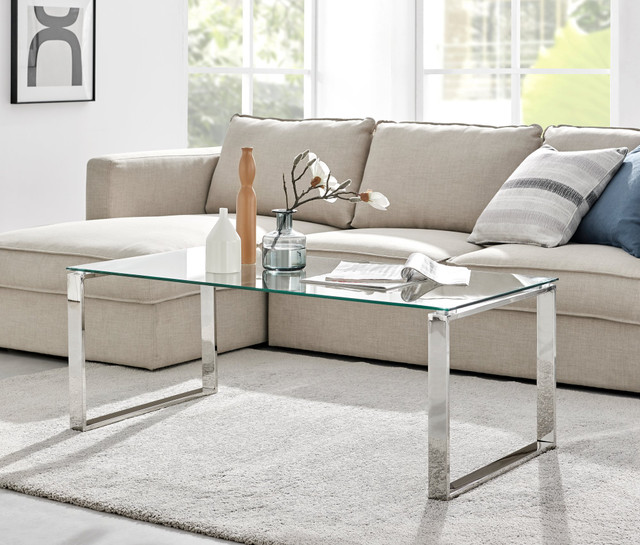 clear glass and chrome coffee table for essentials of good living room design 