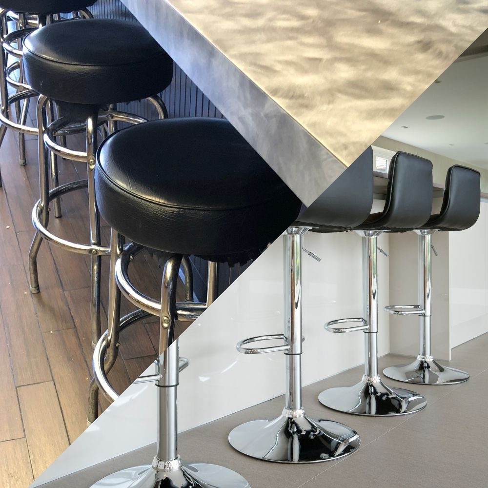 split screen image showing black bar stools in one half and black bar chairs in the other half
