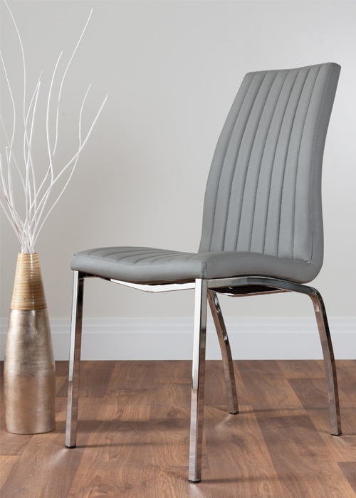 grey faux leather dining chair with strip stitching and chrome legs