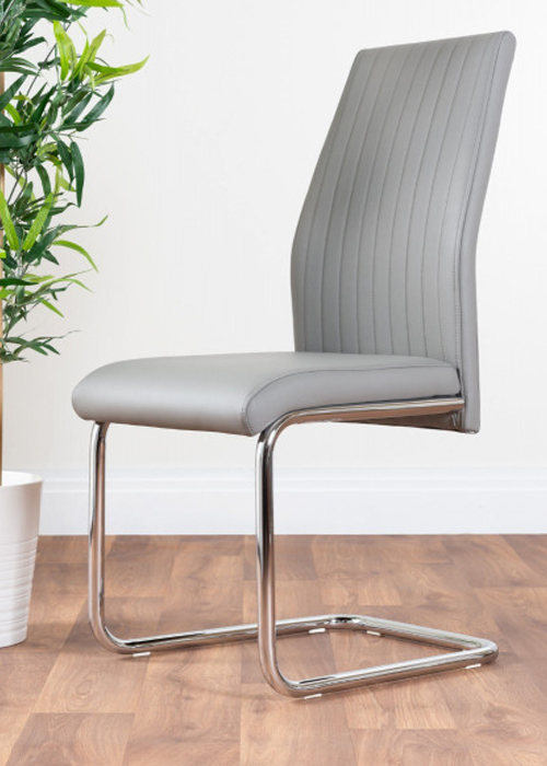 modern grey dining room chair with a subtle striped stitching and chrome curved legs