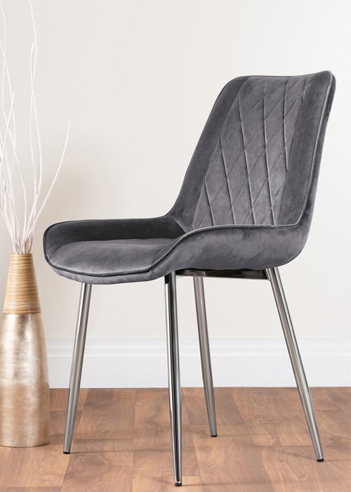 modern dining table chair with grey velvet fabric and silver chrome legs