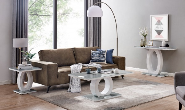 A living room set up using brown, grey and white colours