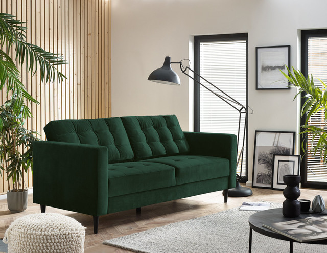 square green velvet sofa with button tufting sat in modern living room