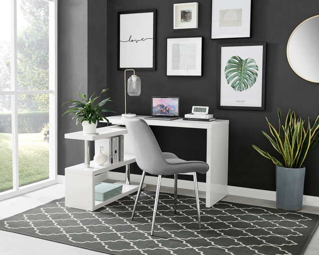 modern white gloss and chrome desk with rotating shelves for home office 