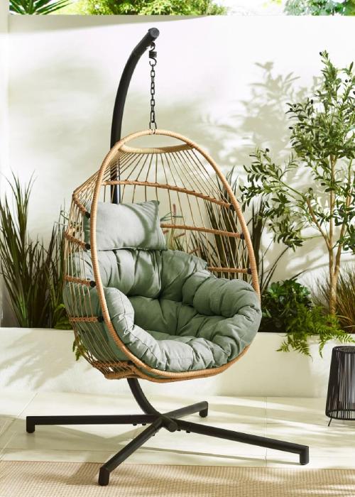 Beige Rattan & Green Garden Hanging Egg Chair Seat