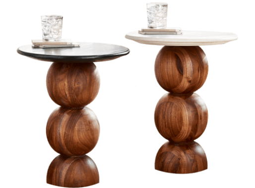 Veer Round Black Marble and Solid Acacia Wood Side Table