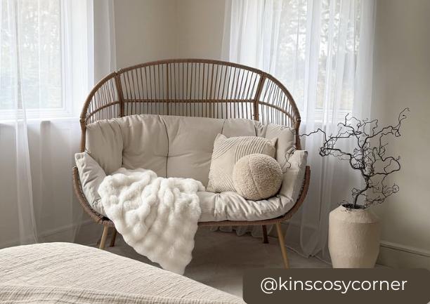Light Brown Rattan Double Egg Chair & Cream Cushions