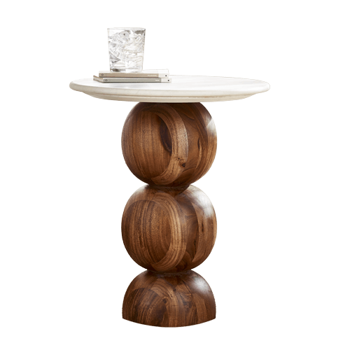 Veer Round White Marble and Solid Acacia Wood Side Table