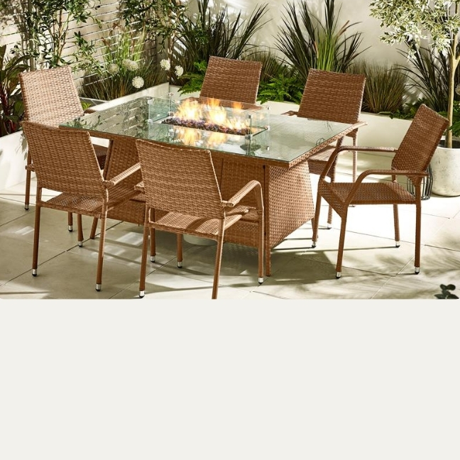 Marbella 6 Seat Beige Rattan Firepit Table Garden Dining Set