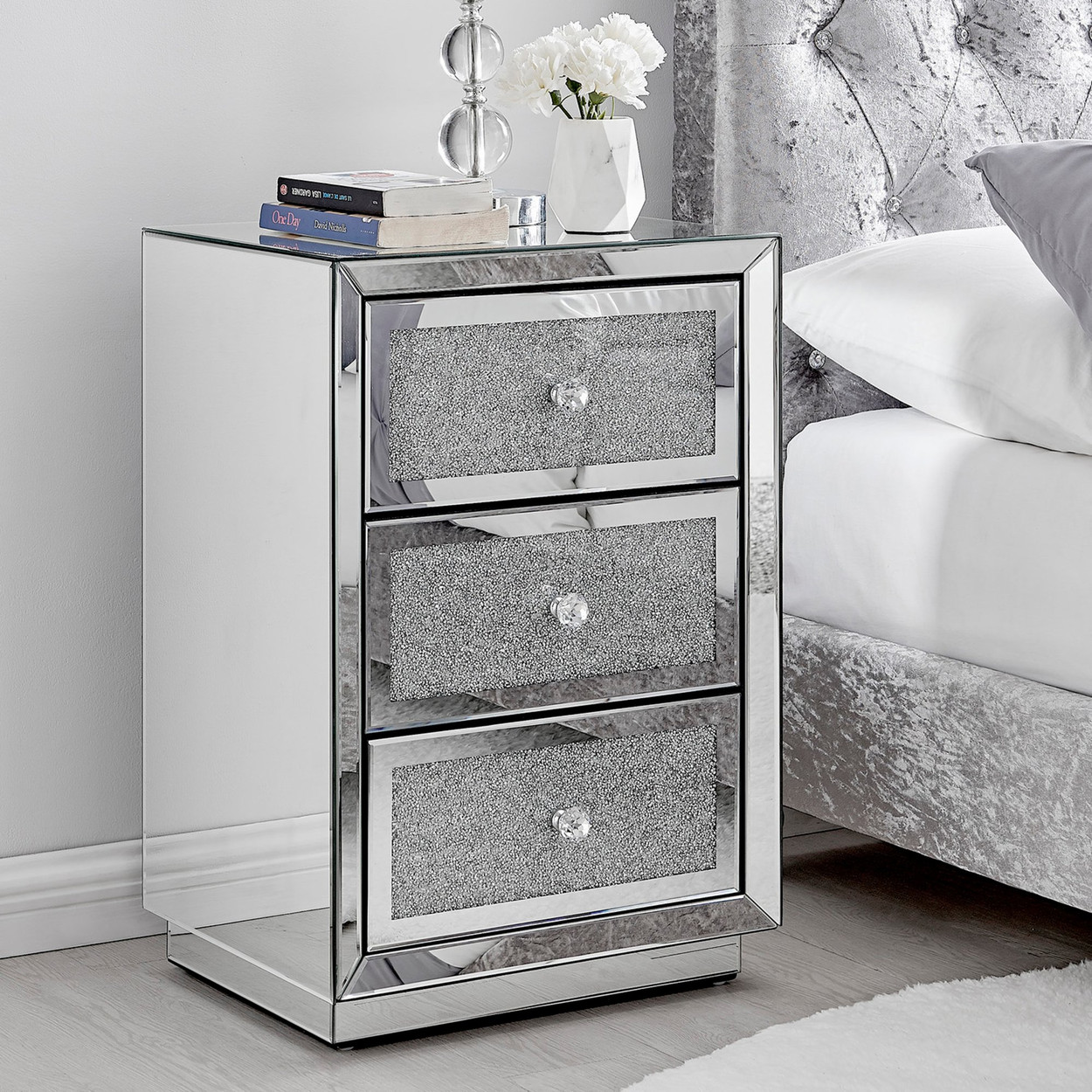 Stella Mirrored Bedside Table, Black And Mirrored Bedside Table