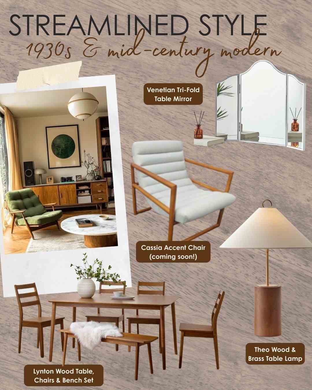 mid century modern & 1930s inspired 2026 interior trends mood board featuring vintage tri-fold vanity mirror, leather & wood mid century acent chair, round wood table lamp, 6 seat wood dining table with 4 chairs and bench set  