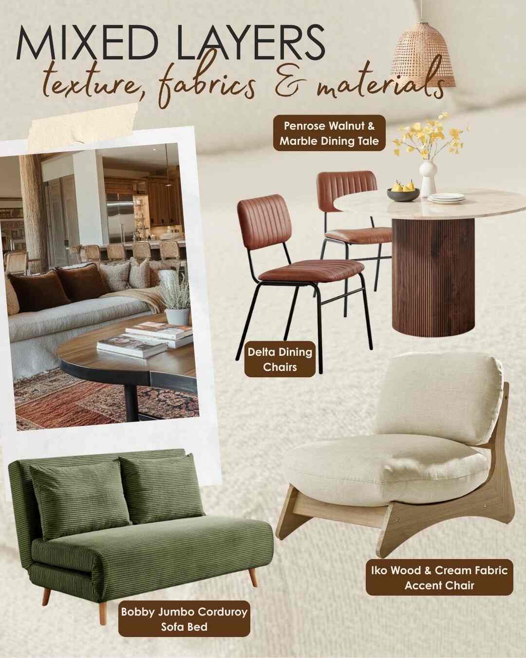 2026 interiors mood board includes round pedestal dining table with marble top, 2 tan leather & black metal dining chairs, cream fabric & wood futon style accent chair, green corduroy double sofa bed