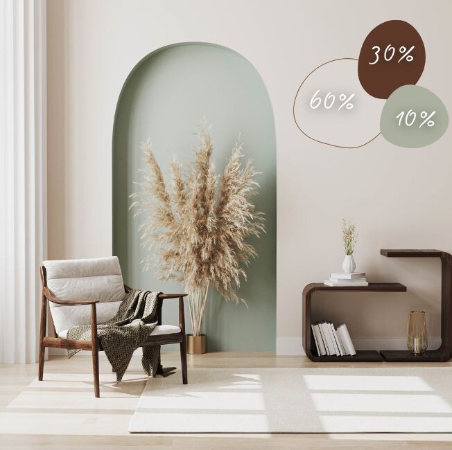 60 30 10 design rule explainer showing warm neutrals living room with chair, arch, and storage unit, with paint swatches to show colour palette.