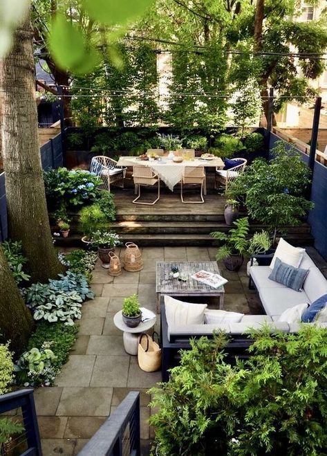 blue accessories tie mismatched garden dining and sofa furniture together