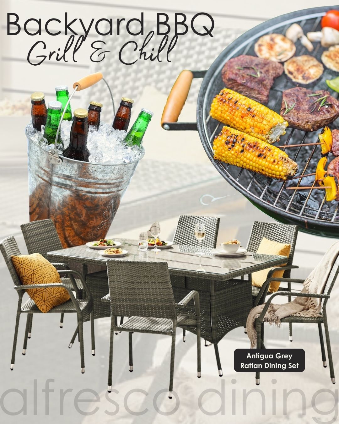 bbq party al fresco dining mood board with grey rattan 6 seat table and chairs set
