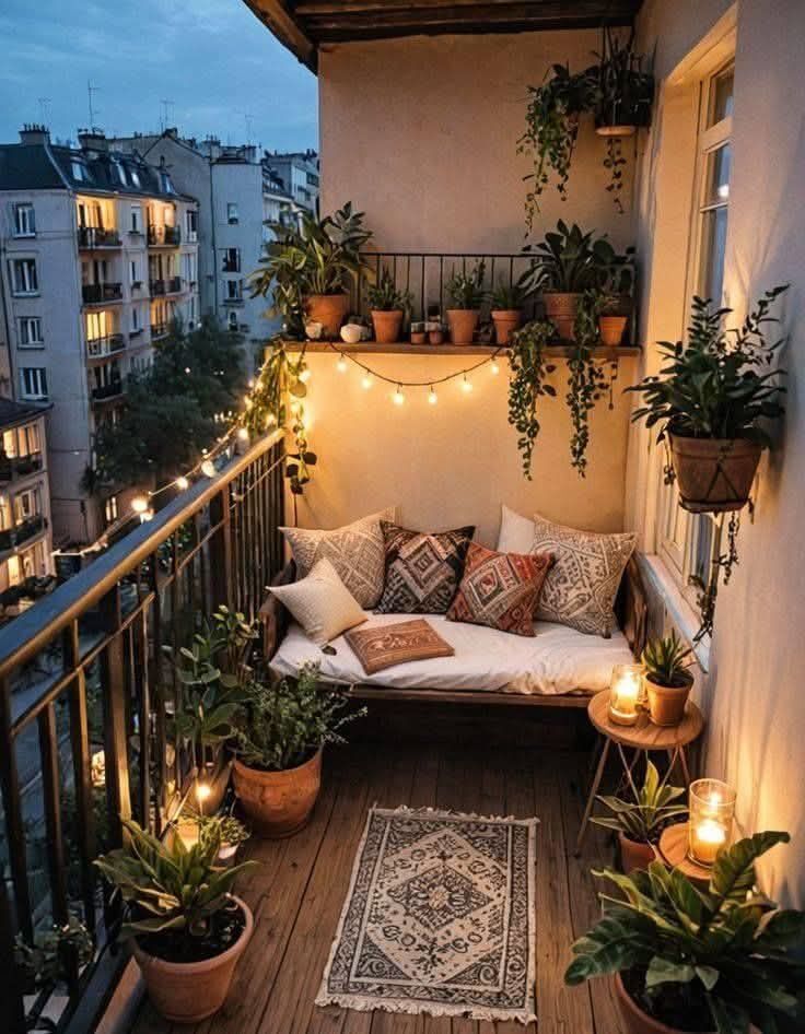 small balcony seating area inspiration with boho decor and fairy lights at twilight