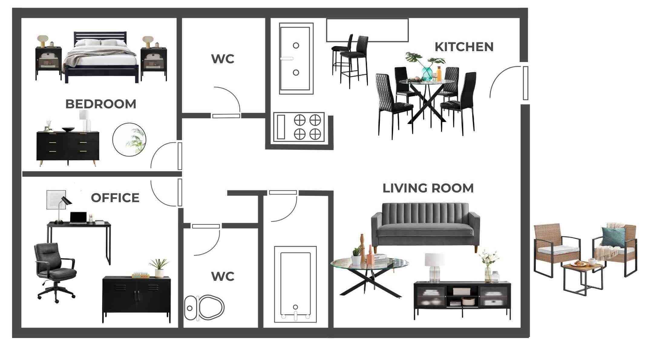 home floor plan for 2 bed house with black, glass and wood furniture in each room