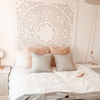 light and airy boho teen bedroom inspiration with white wood bed and wall mandala