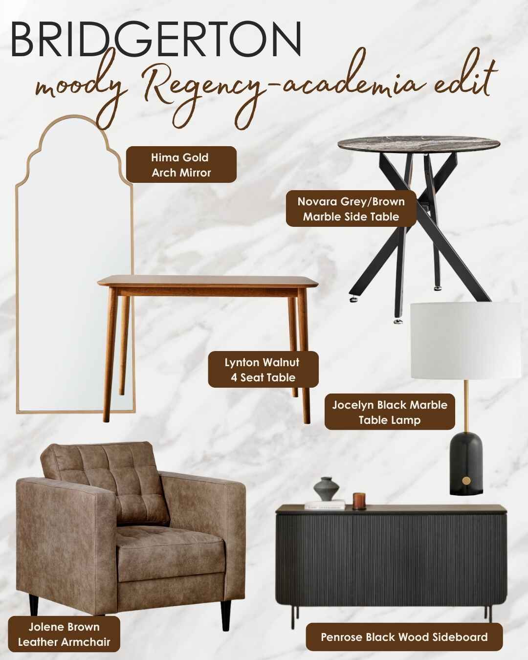 Bridgerton regencycore inspired modern furniture mood board featuring darker wood and gold pieces