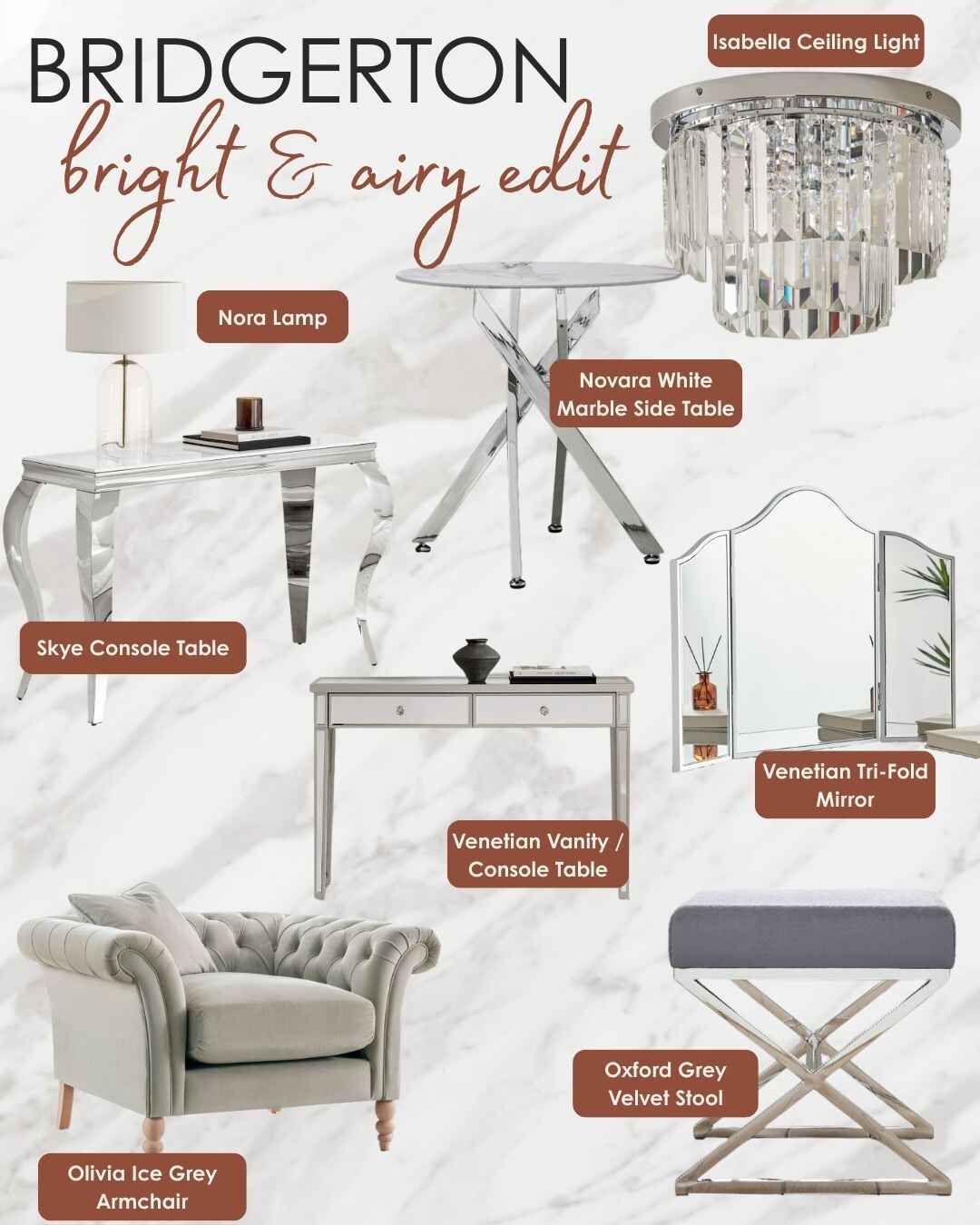 Bridgerton regencycore inspired modern furniture mood board featuring chrome, marble and crystal pieces