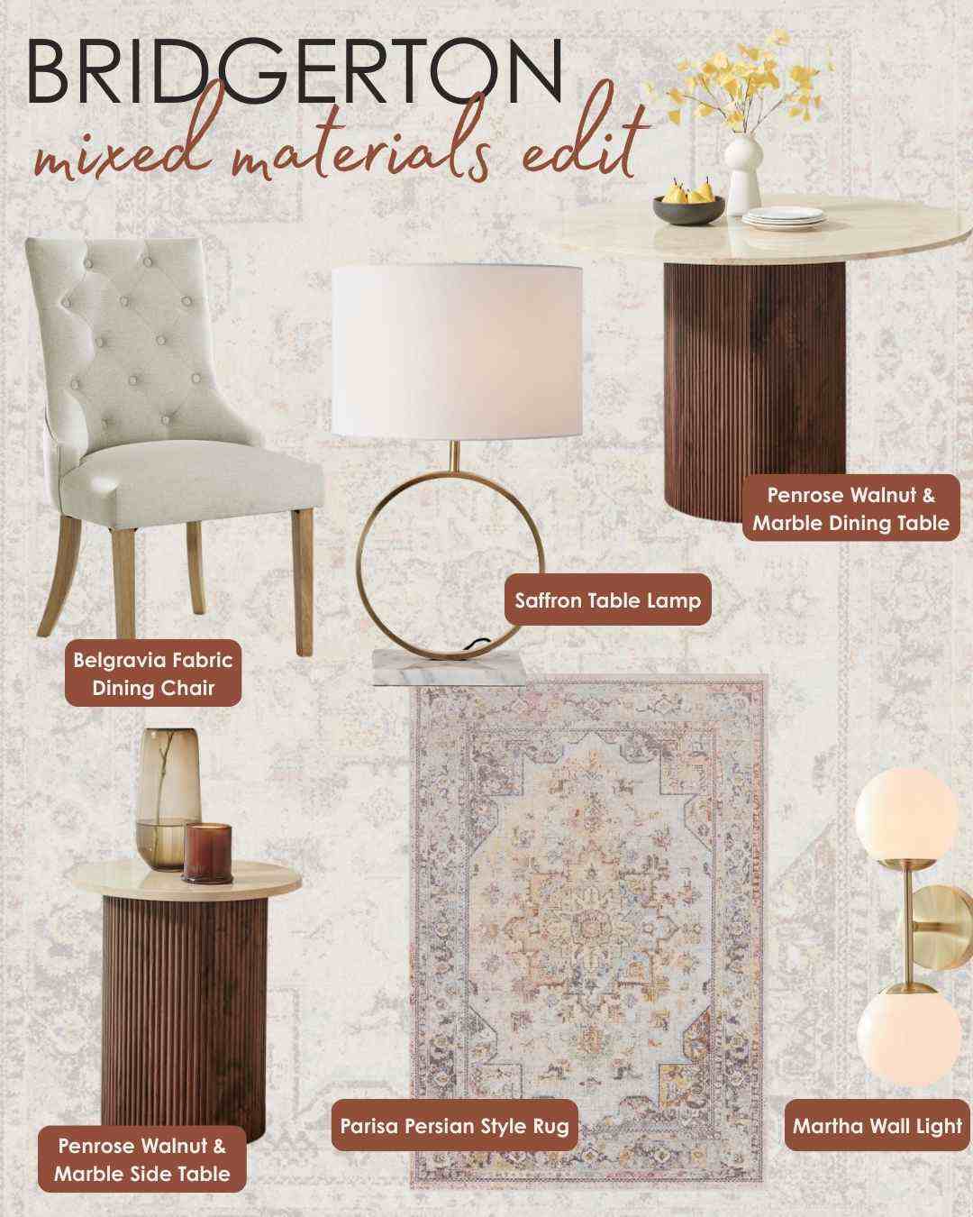 Bridgeton inspired furniture featuing mixed wood and marble pieces with gold accents