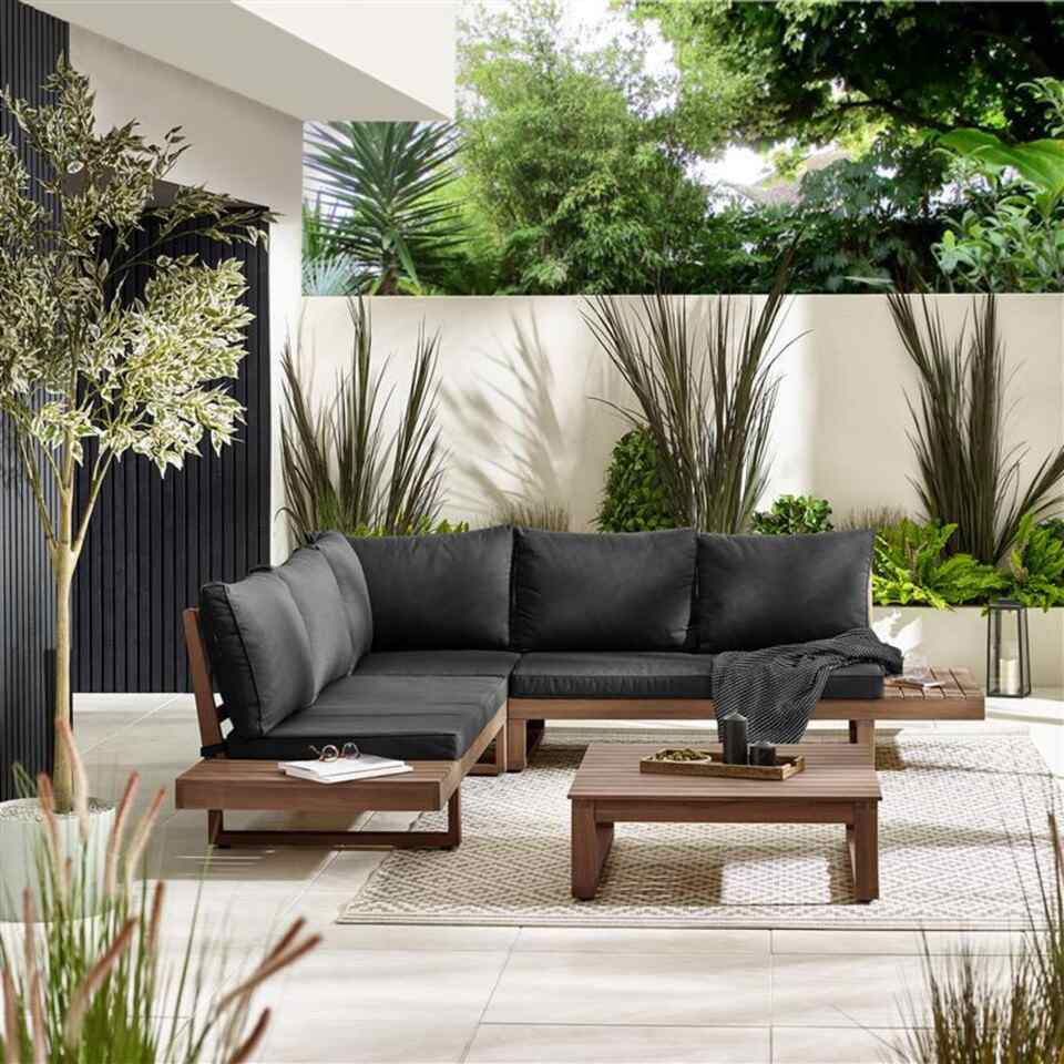 wood corner garden sofa with black cushions