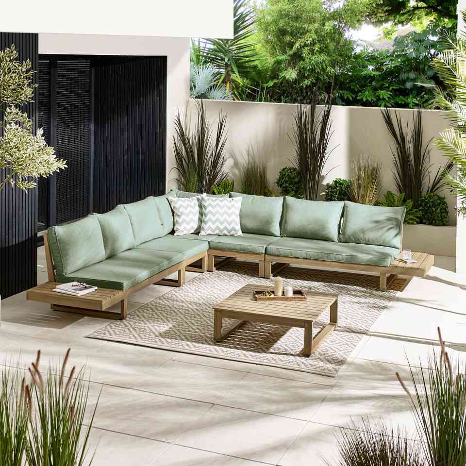 teak wood & green 8 seat corner garden sofa