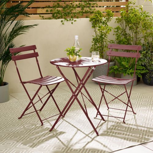 red round metal garden table and 2 chairs set