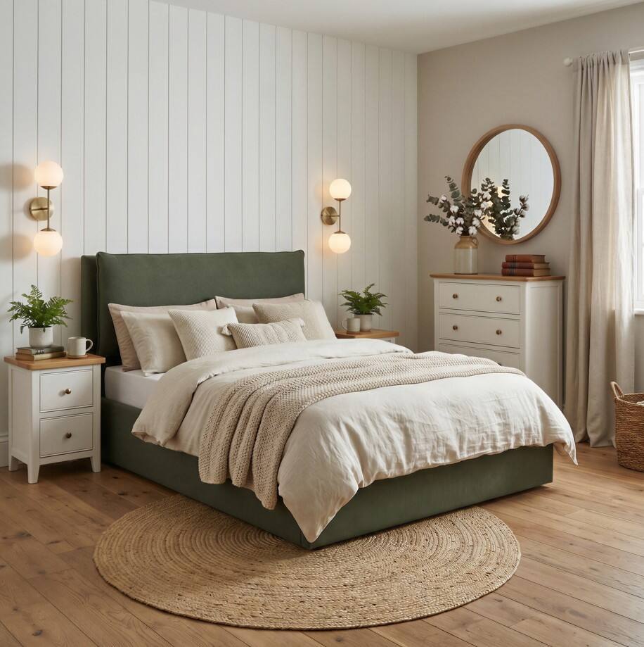 cottagecore bedroom with green fabric bed, oak and cream wood storage furniture and round wall lights