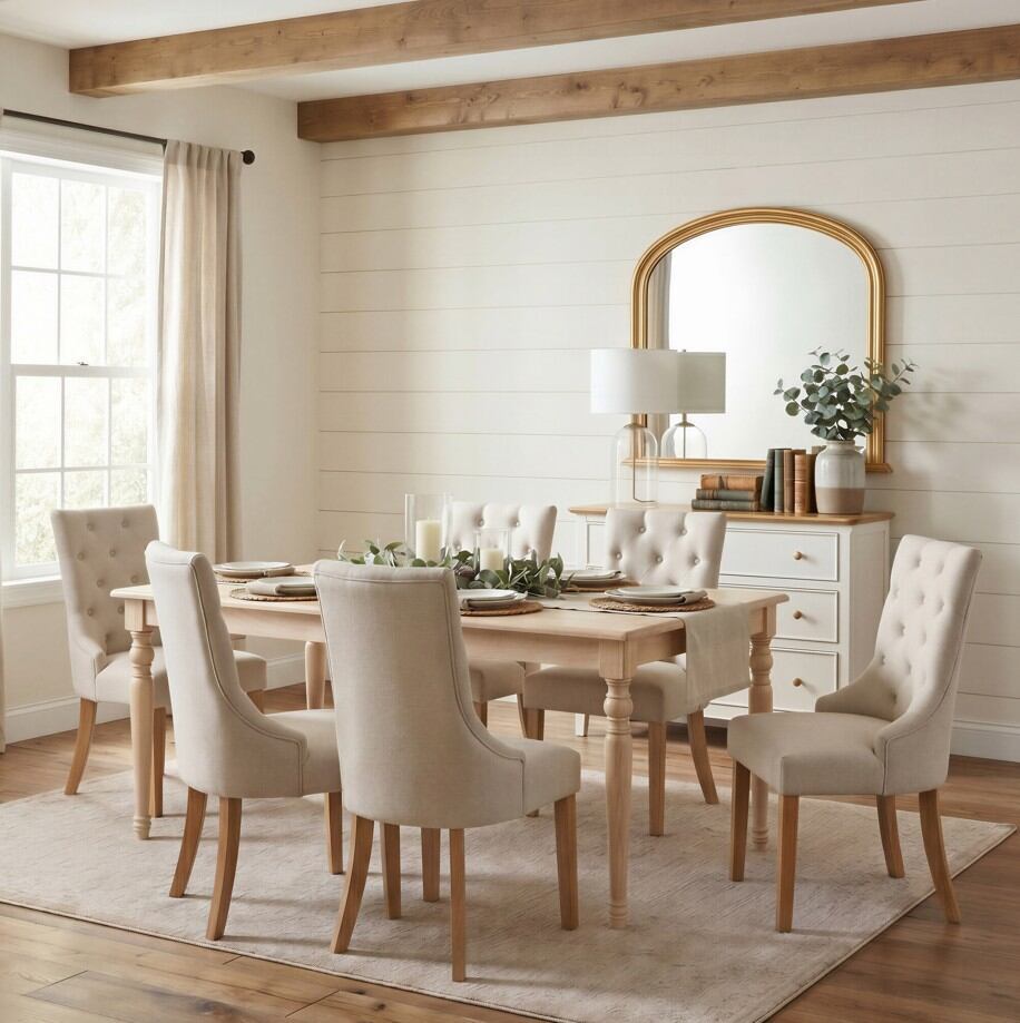 large wooden kitchen dining table with 6 beige fabric dining chairs in cottagecore dining room with arched wooden wall mirror and lamp