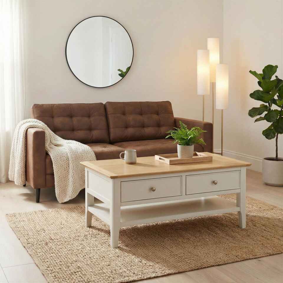 wood and cream painted coffee table with storage in a modern cottagecore living room setting with brown tan leather sofa and standing lamp