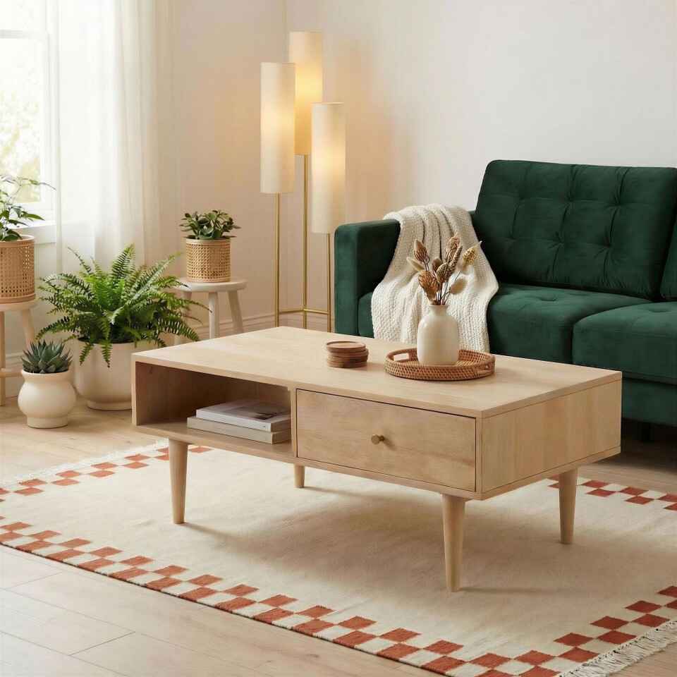 rectangular wooden coffee table with storage with green velvet sofa behind in cottagecore living room style