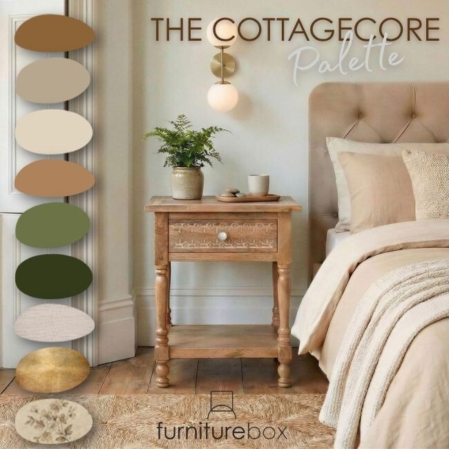 cottagecore colour palette shows cottage style bedroom with wooden carbed bedsdie table beside beige fabric bed with button tufting and paint swatch colours down the left side