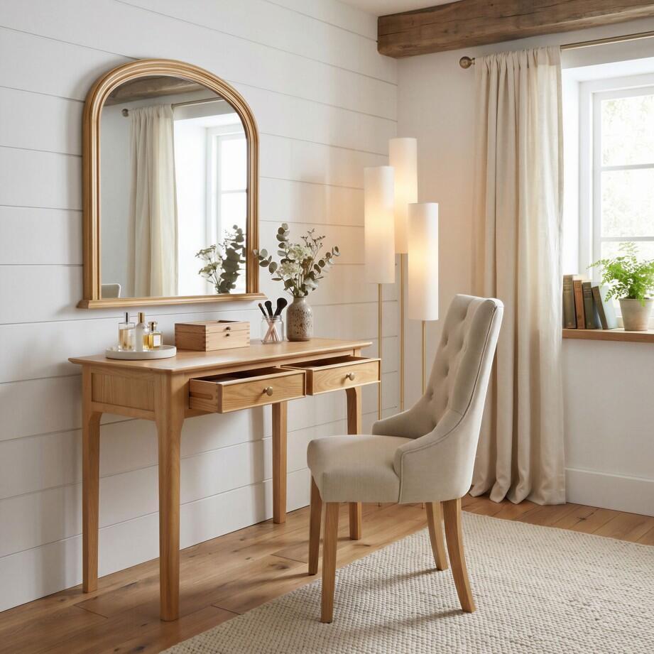 wood console table vanity with cream fabric chair and wood arch wall mirror in cottagecore style