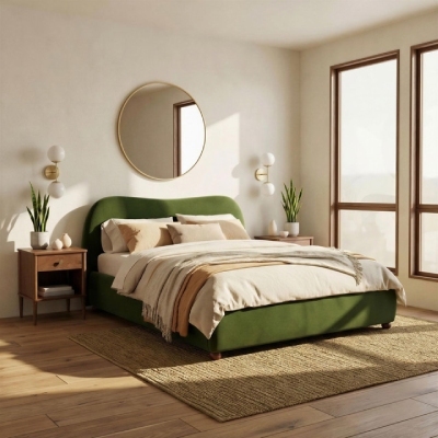 green fabric double bed dressed in layers of cream and beige linens and cushions in a warm cosy modern bedroom