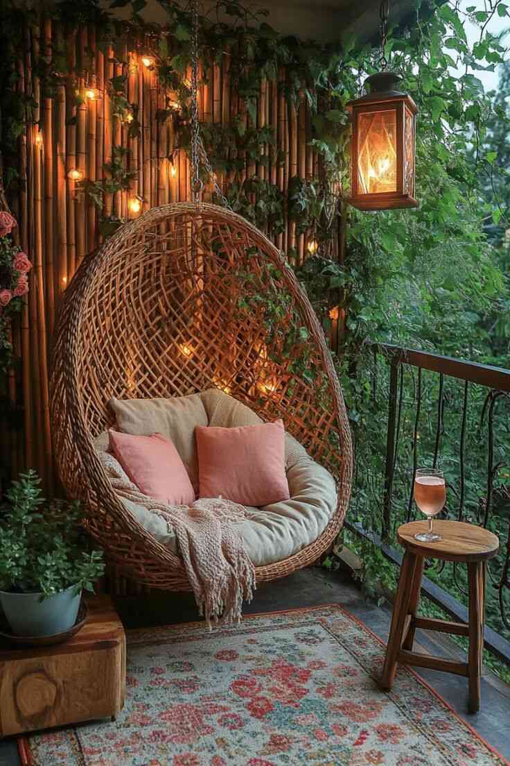 boho egg chair on blacony with fairy lights and lanterns