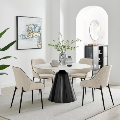 elegant and luxe dining room colour scheme ideas with round black table and 4 cream fabric dining chairs