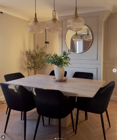 elegant dinign room ideas with wooden table, black velvet chairs and 3 hanging pendant lights
