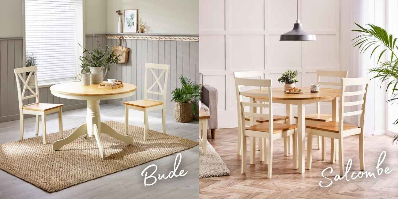 round wooden dining tables with farmhouse cottage look