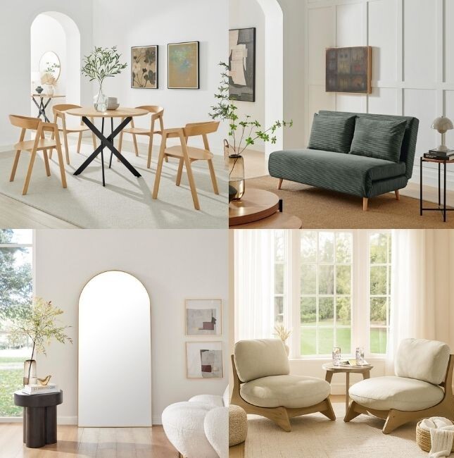 modern small round dining table set, green double sofa bed, gold frame wall mirror, low slung wood and thick cream cushions chairs