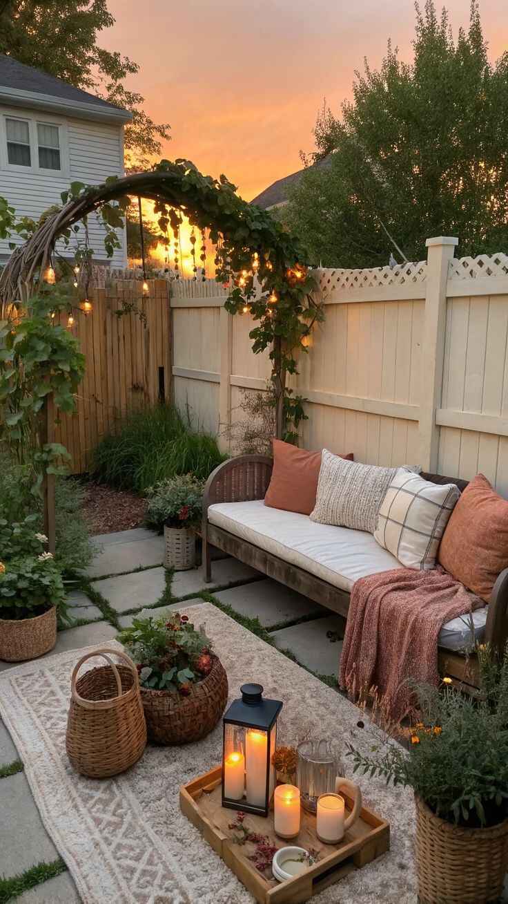 garden bench with rose arch, fairy lights lanterns and cushions