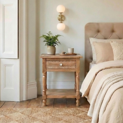 Greek inspired carved wooden bedside table