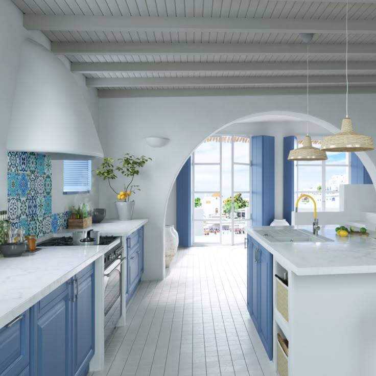 ancient Greece inspired home interiors kitchen and living space