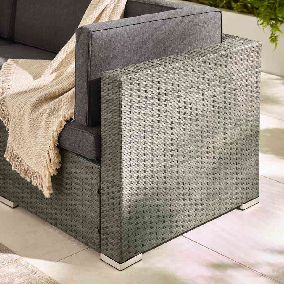 close up of arm and corner of brown rattan garden sofa