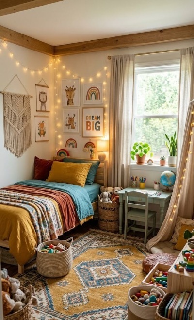small kids bedroom inspiration image shows colourful bedroom with single bed, tiny desk and play mat