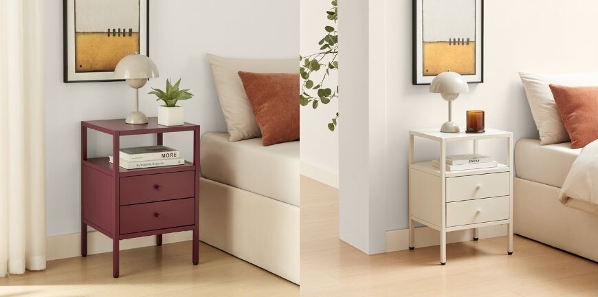 metal bedside tables with storage drawers in plum purple and cream